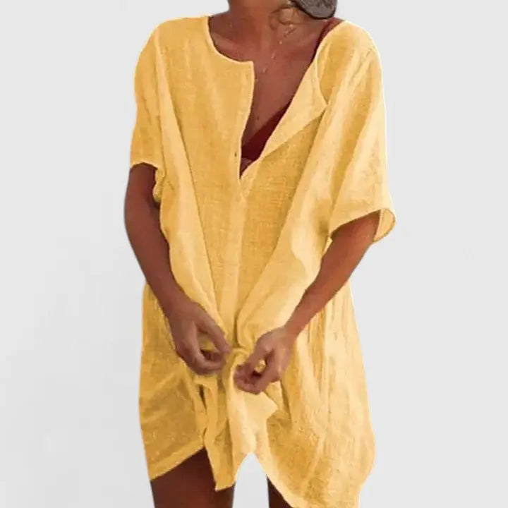 Tunic Dress V-Neck Relaxed Fit Cotton Linen Summer - Yellow