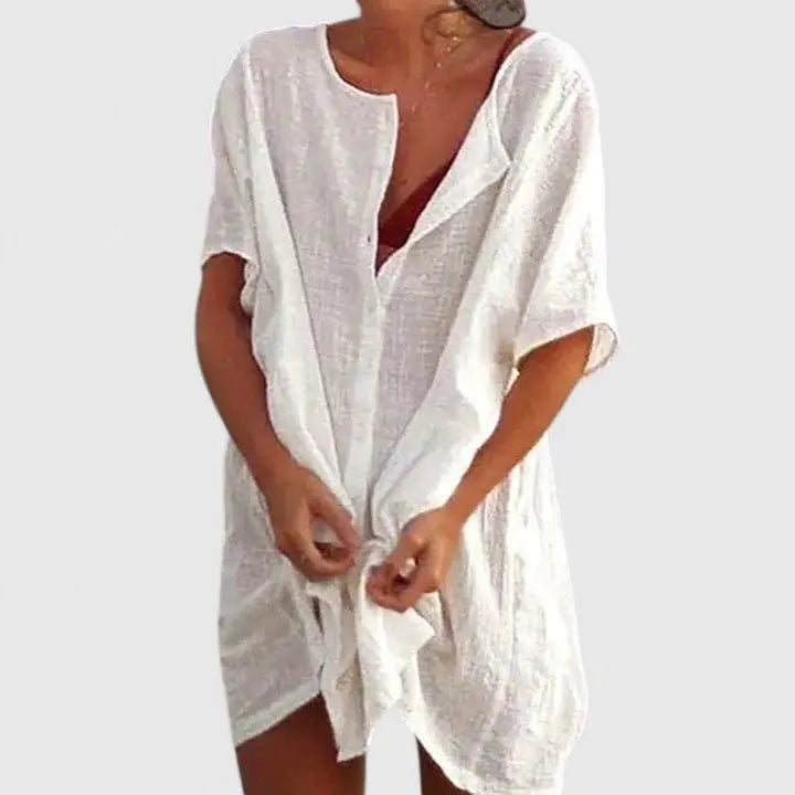 Tunic Dress V-Neck Relaxed Fit Cotton Linen Summer - White