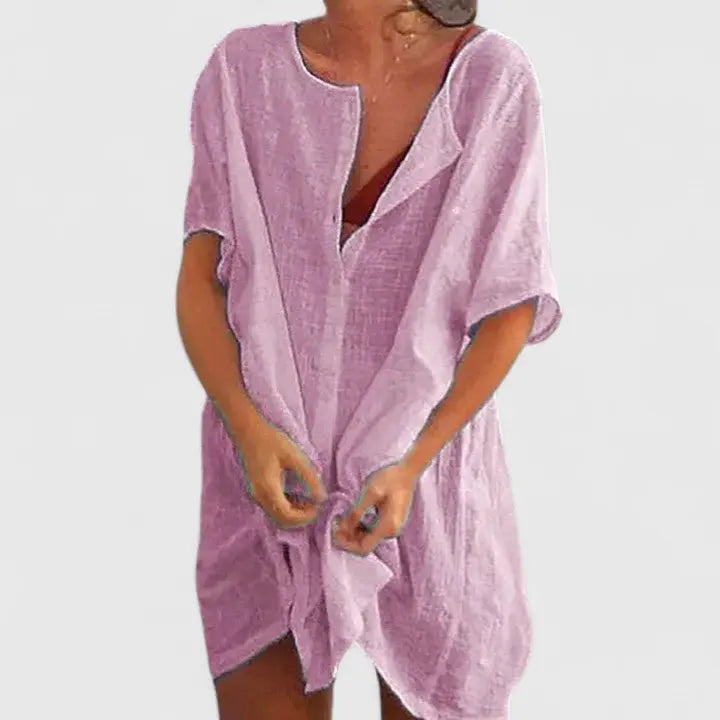 Tunic Dress V-Neck Relaxed Fit Cotton Linen Summer - Light Purple