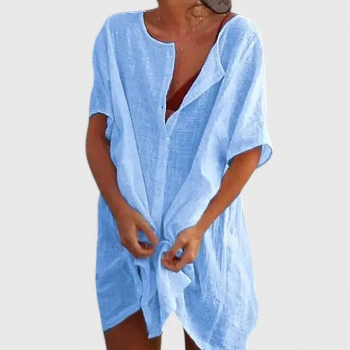 Tunic Dress V-Neck Relaxed Fit Cotton Linen Summer - Blue