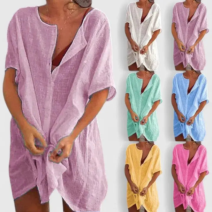 Tunic Dress V-Neck Relaxed Fit Cotton Linen Summer