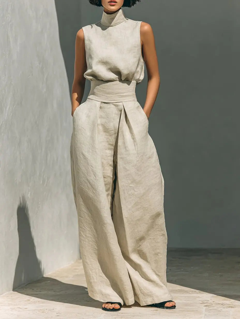 Two Piece Co-ord Set High Neck Sleeveless Top Wide Leg - Khaki