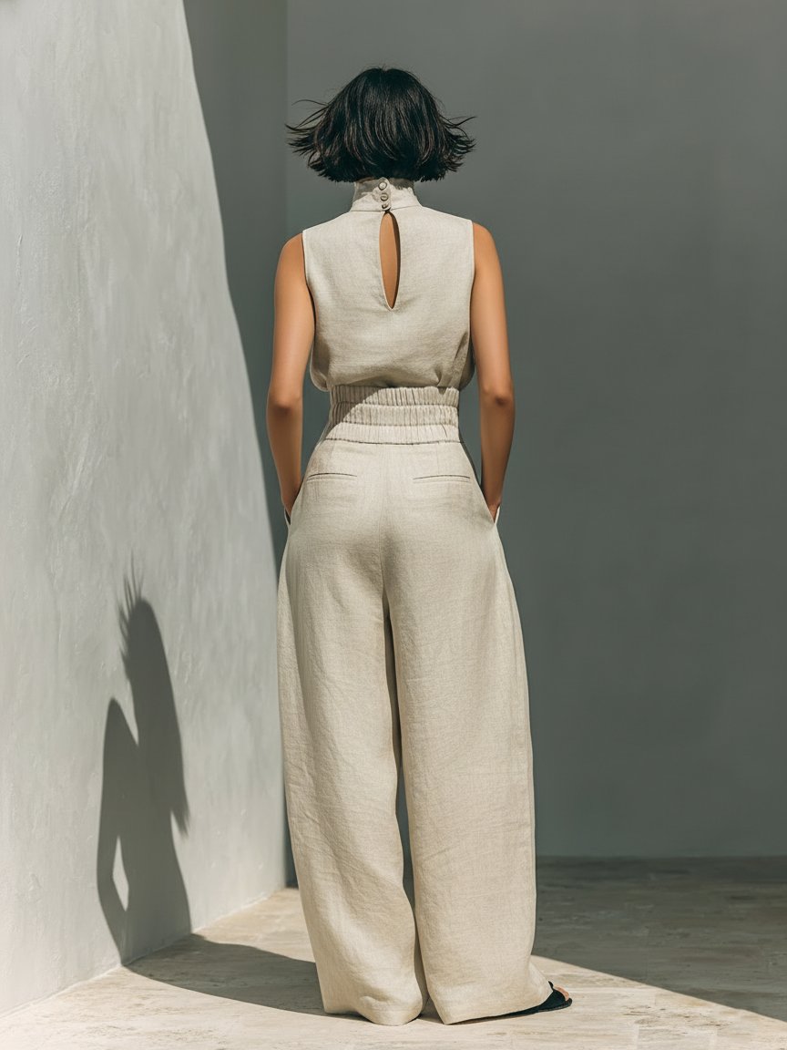 Two Piece Co-ord Set High Neck Sleeveless Top Wide Leg