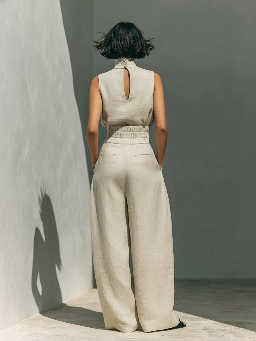 Two Piece Co-ord Set High Neck Sleeveless Top Wide Leg