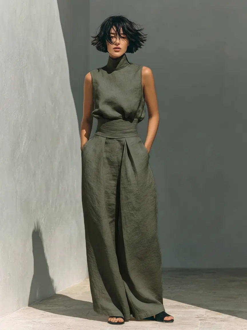 Two Piece Co-ord Set High Neck Sleeveless Top Wide Leg - Militärgrün