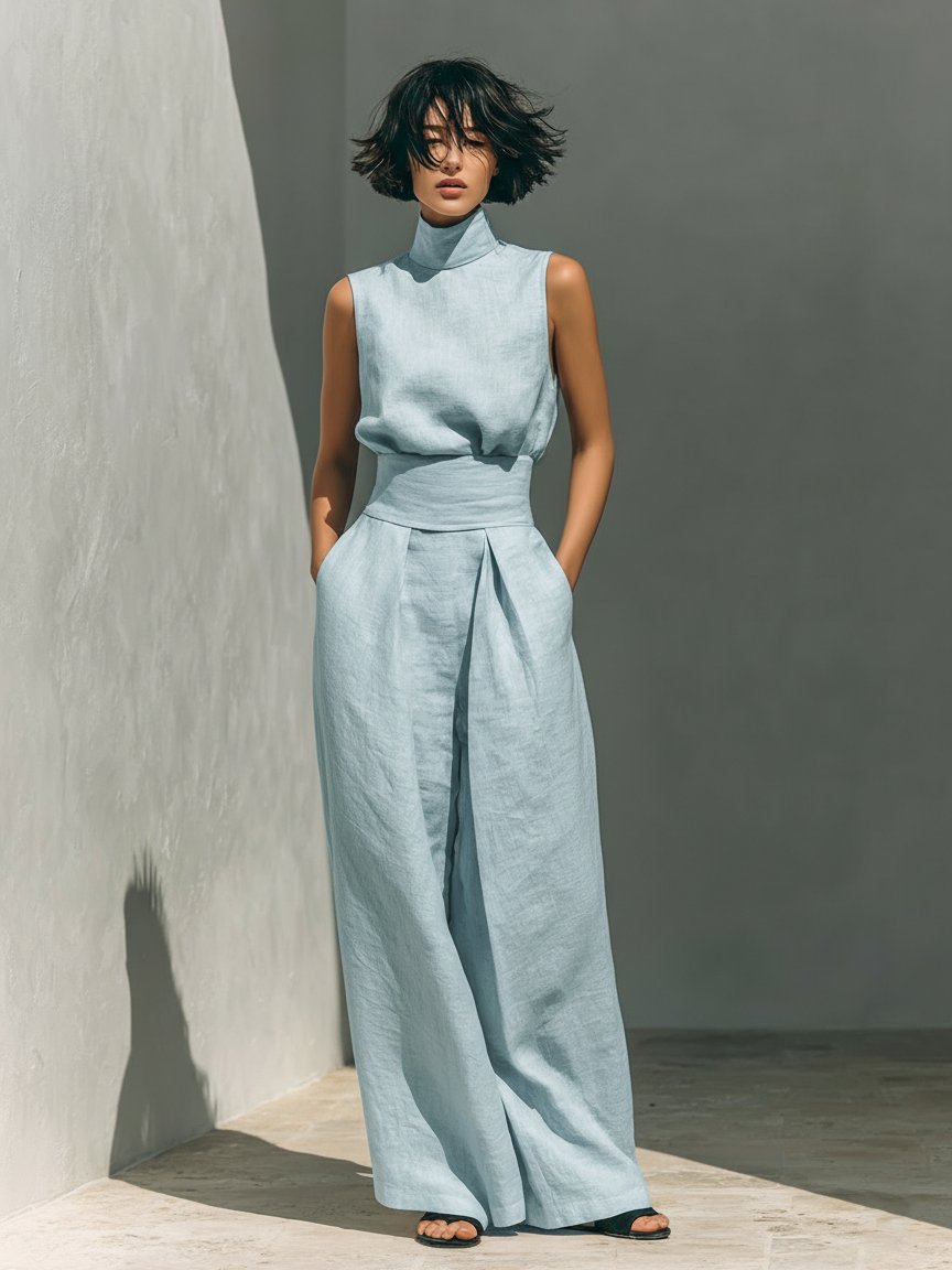 Two Piece Co-ord Set High Neck Sleeveless Top Wide Leg - Hellblau