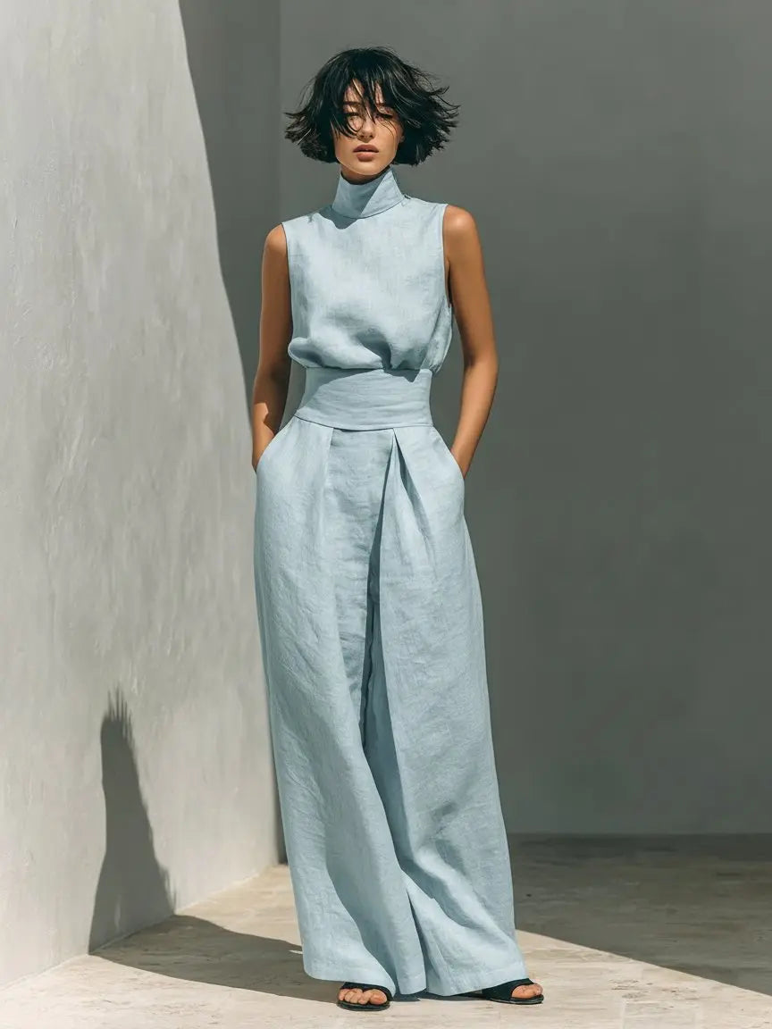 Two Piece Co-ord Set High Neck Sleeveless Top Wide Leg - Hellblau