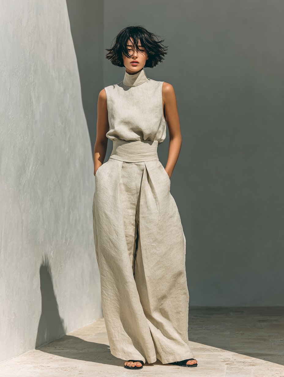 Two Piece Co-ord Set High Neck Sleeveless Top Wide Leg