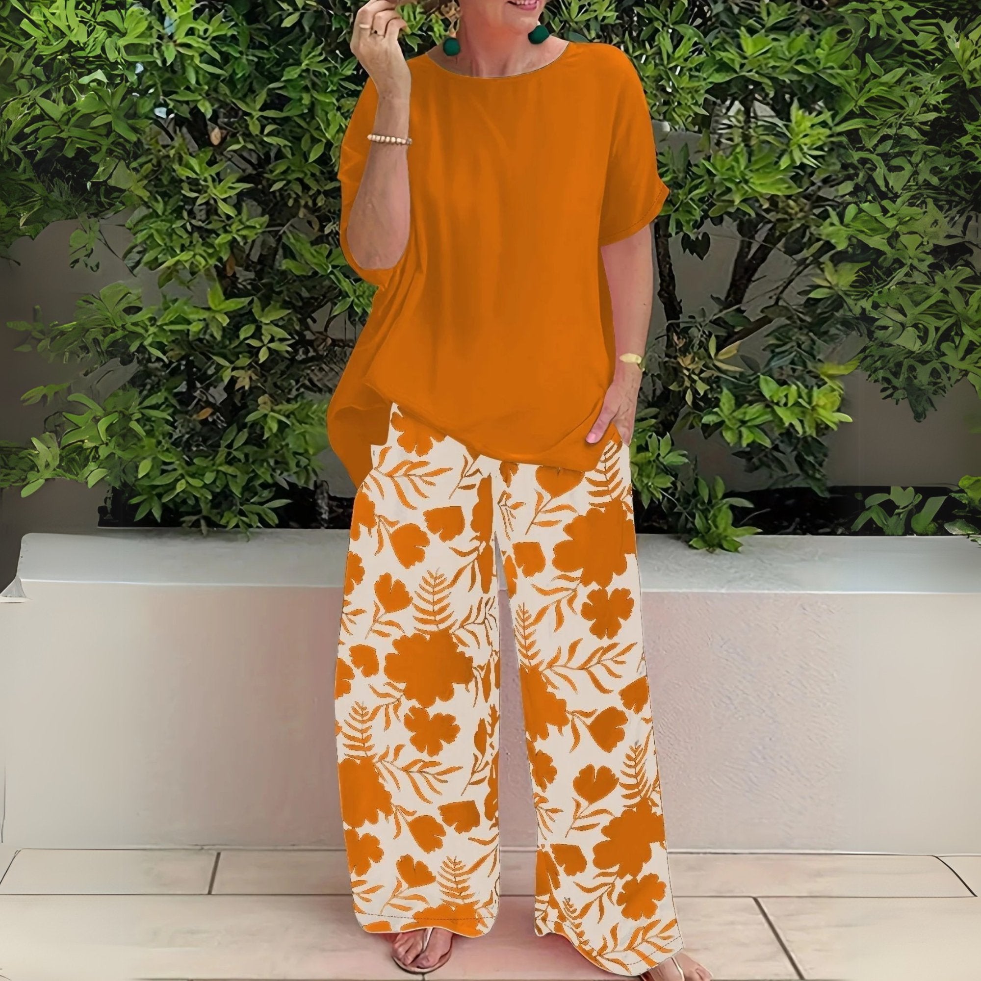 Two Piece Floral Set Wide Leg Trousers Relaxed Top - Mandarin Orange