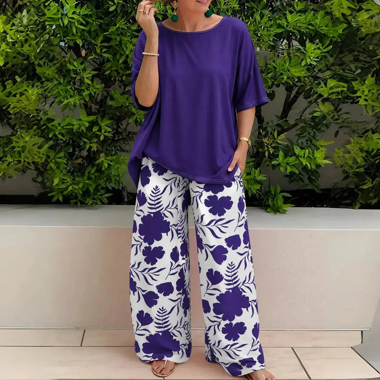 Two Piece Floral Set Wide Leg Trousers Relaxed Top - Navy Blue