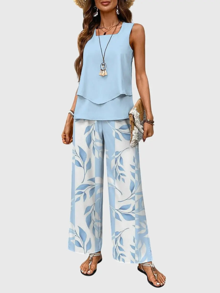 Two-Piece Layered Top Wide Leg Trousers Set Summer - Blue