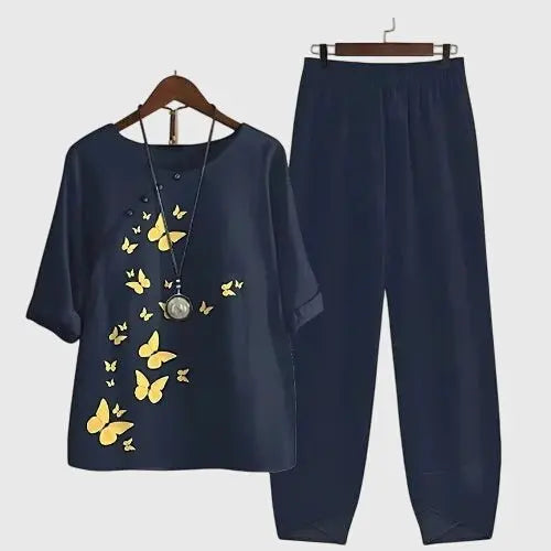 Two Piece Set Butterfly Print Loose Fit Loungewear - Navy Blue