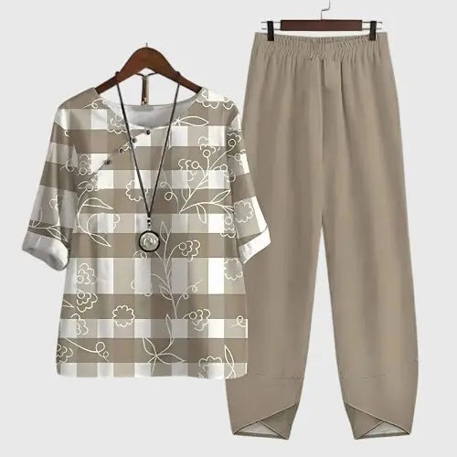 Two Piece Set Butterfly Print Loose Fit Loungewear - Khaki