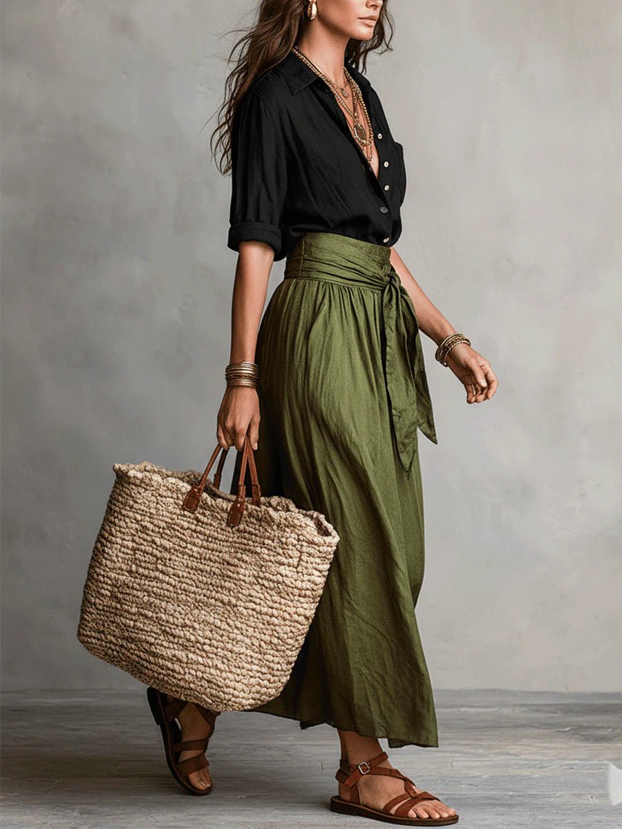 Two Piece Set Button-Up Shirt High Waist Midi Skirt