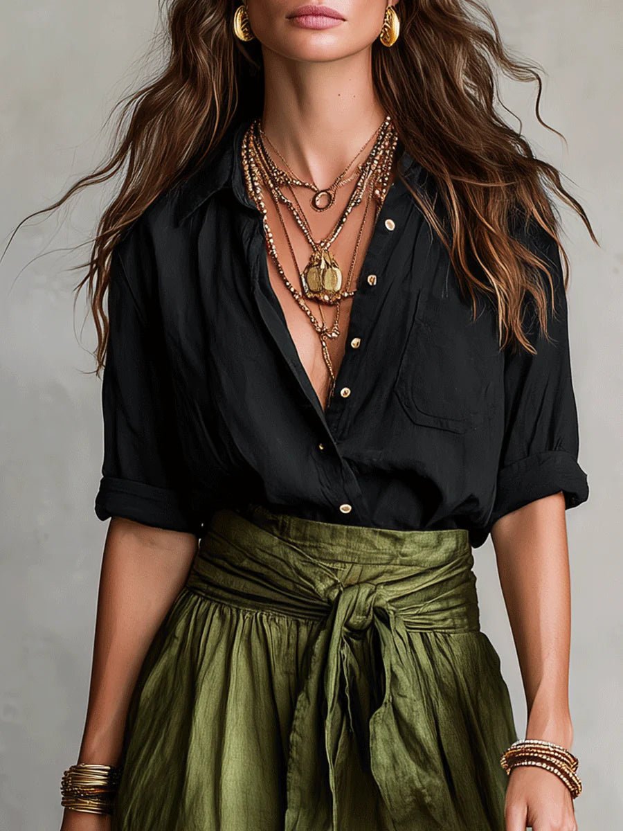 Two Piece Set Button-Up Shirt High Waist Midi Skirt