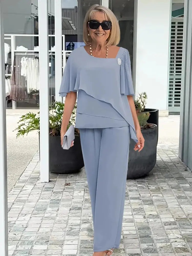 Two Piece Set Flutter Sleeve Top Wide Leg Trousers - Light Blue