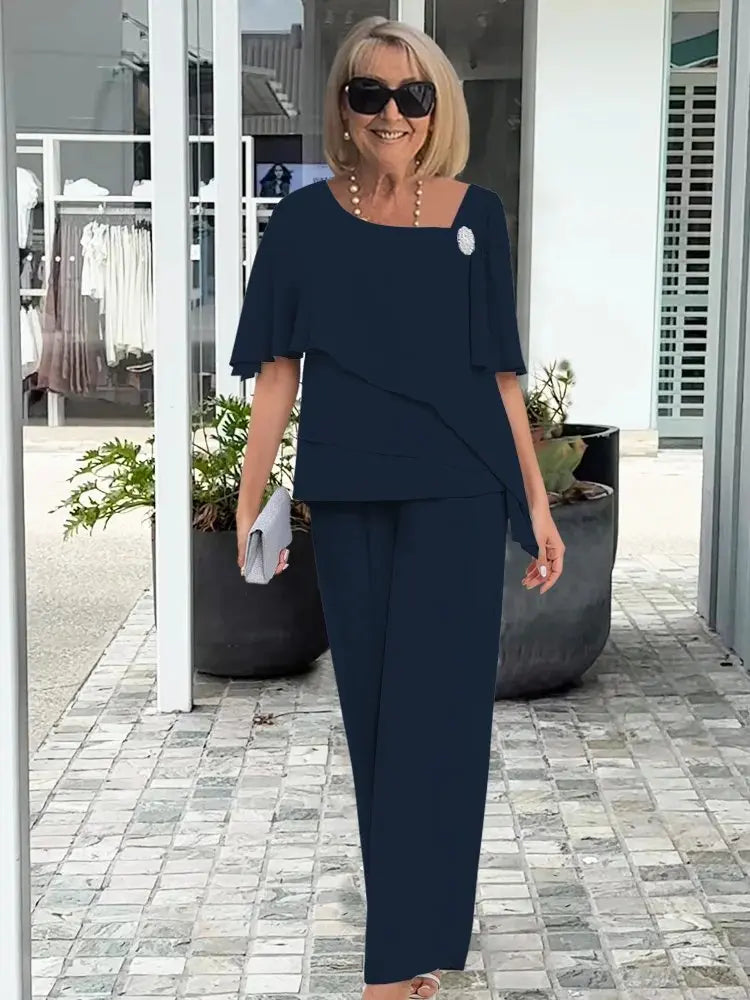 Two Piece Set Flutter Sleeve Top Wide Leg Trousers - Navy Blue