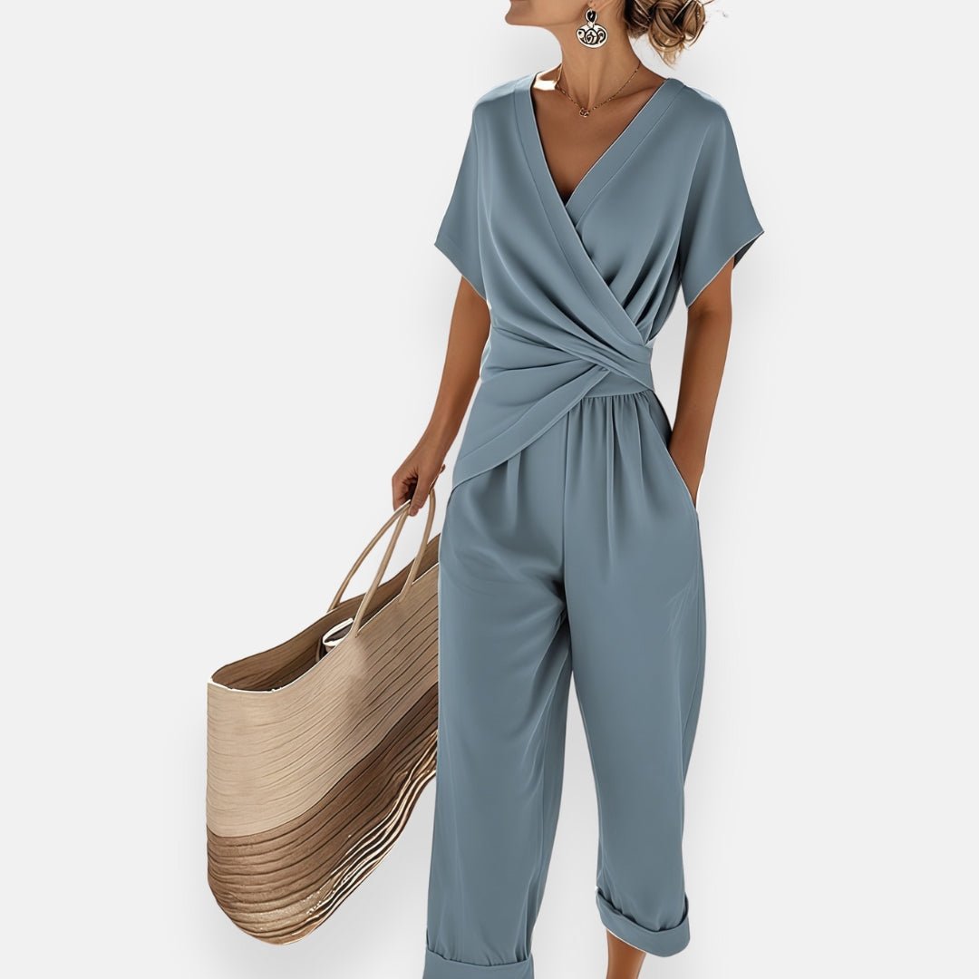 Two-Piece Set V-Neck Wrap Top Wide-Leg Trousers - Blue