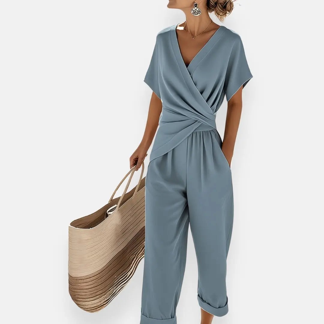 Two-Piece Set V-Neck Wrap Top Wide-Leg Trousers - Blue