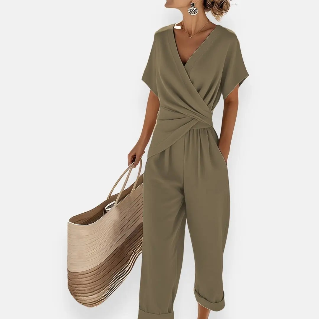 Two-Piece Set V-Neck Wrap Top Wide-Leg Trousers - Green