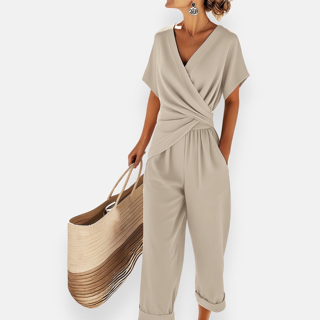 Two-Piece Set V-Neck Wrap Top Wide-Leg Trousers - Beige