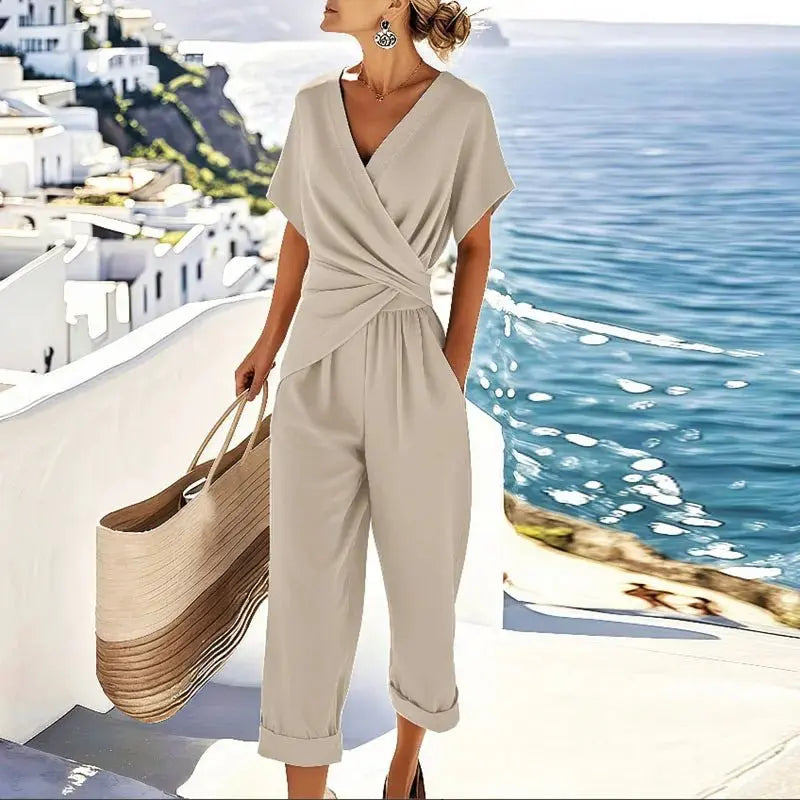 Two Piece Set Wrap Top Cropped Trousers Relaxed Fit - Apricot