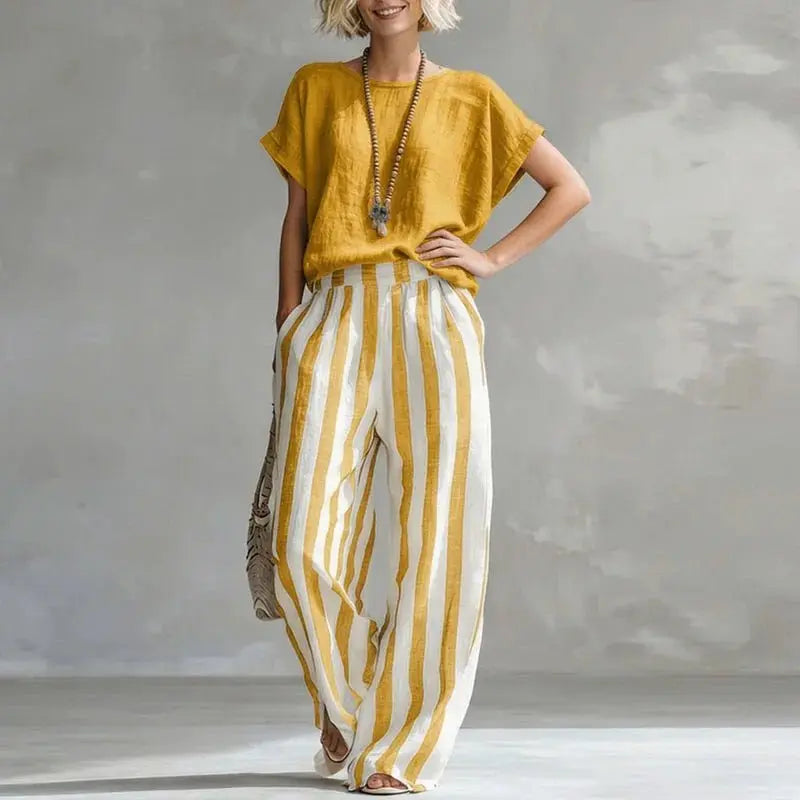Two Piece Striped Linen Set Wide Leg Summer - Yellow