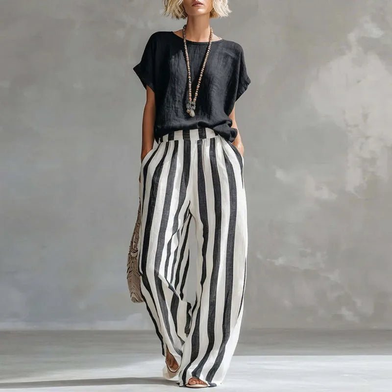 Two Piece Striped Linen Set Wide Leg Summer - Black