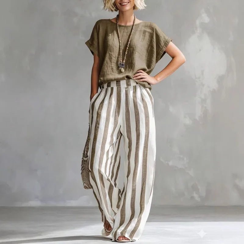 Two Piece Striped Linen Set Wide Leg Summer - Khaki