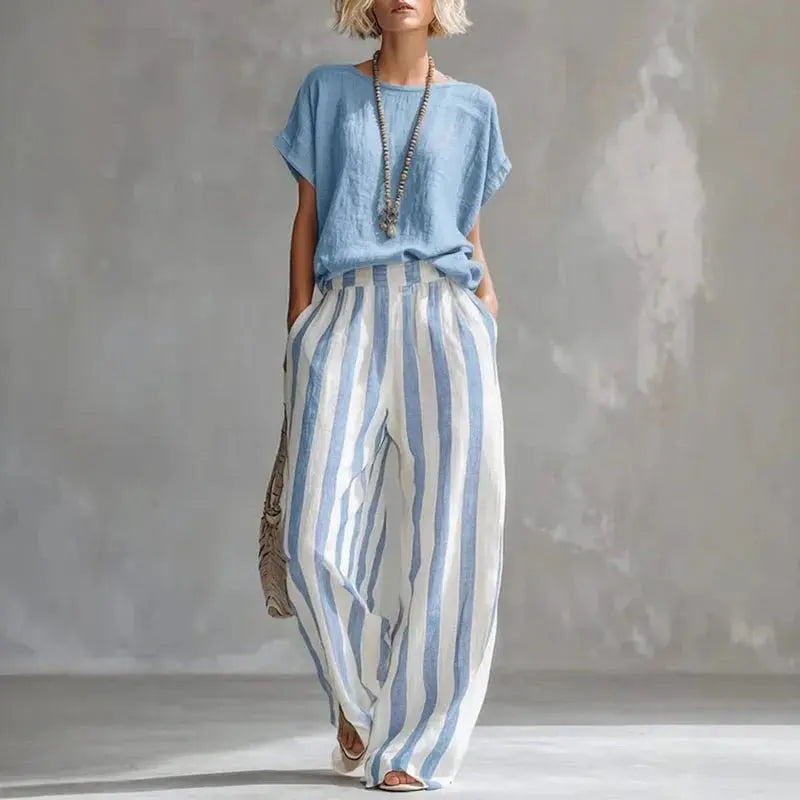 Two Piece Striped Linen Set Wide Leg Summer - Sky Blue