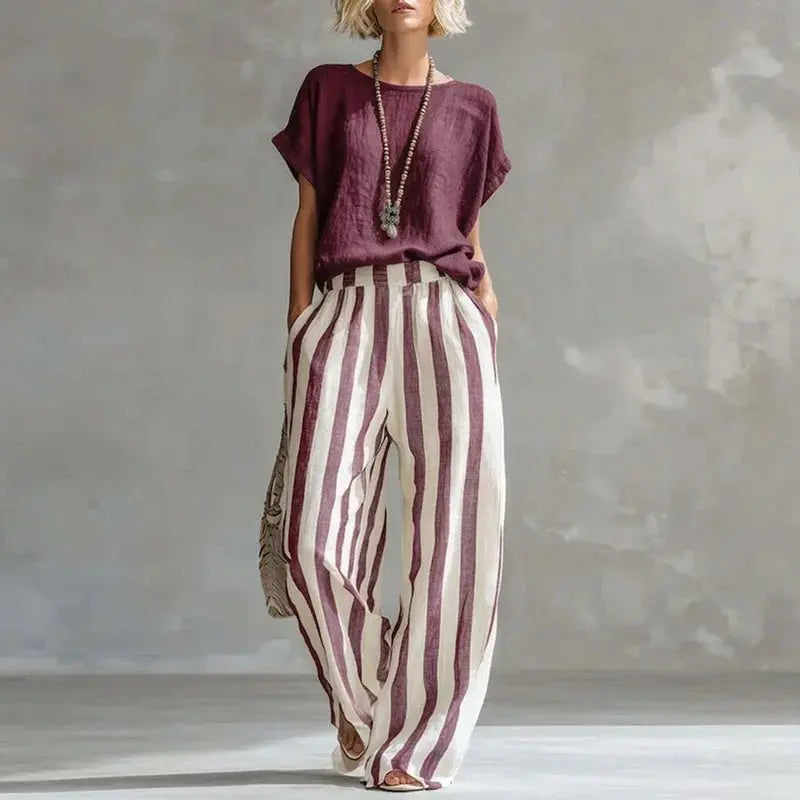 Two Piece Striped Linen Set Wide Leg Summer