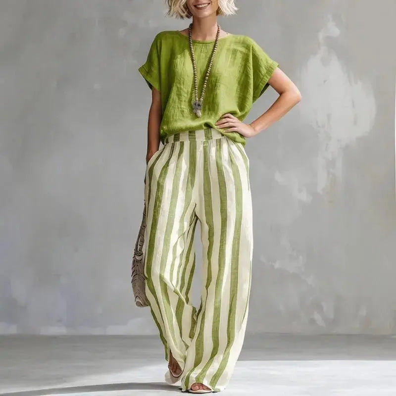 Two Piece Striped Linen Set Wide Leg Summer - Green