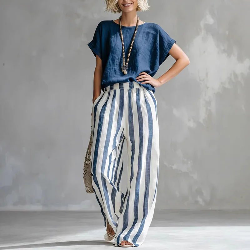Two Piece Striped Linen Set Wide Leg Summer - Dark Blue