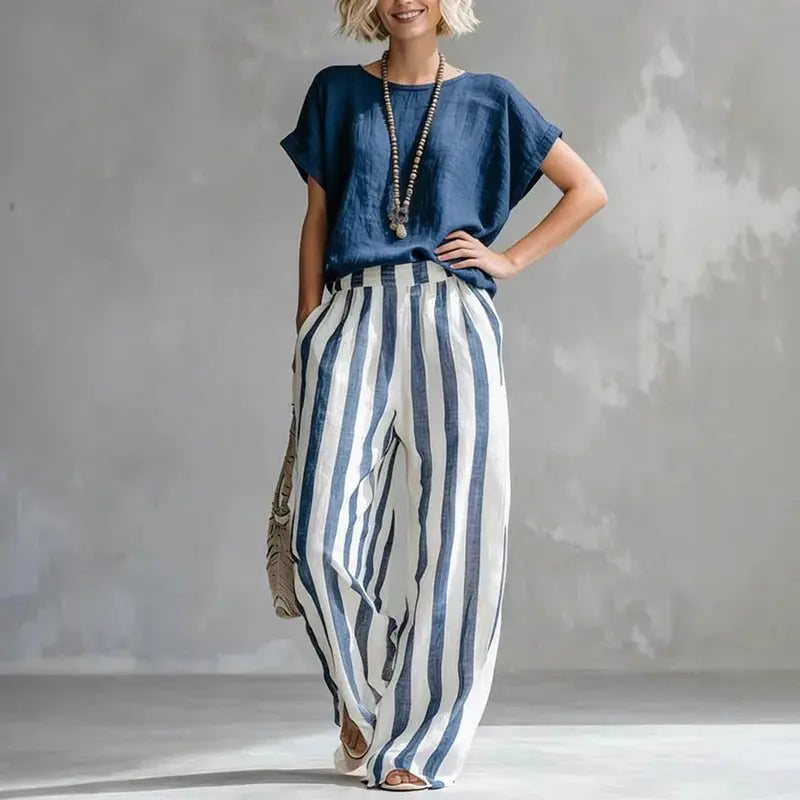 Two Piece Striped Linen Set Wide Leg Summer - Dark Blue