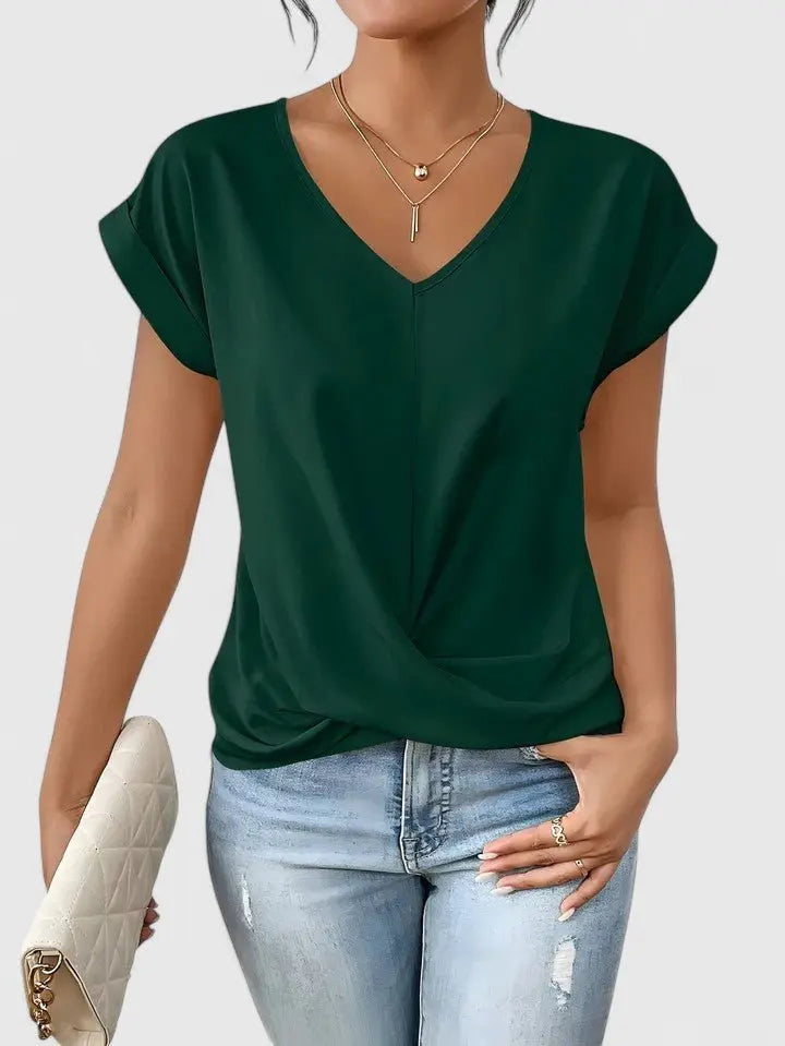 V-Neck Twist Front Top Short Sleeve Casual - Green