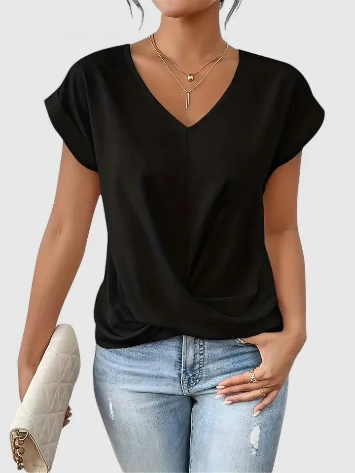 V-Neck Twist Front Top Short Sleeve Casual - Black