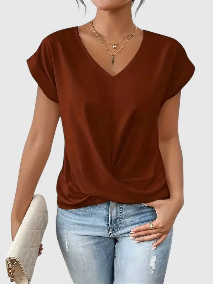 V-Neck Twist Front Top Short Sleeve Casual - Red