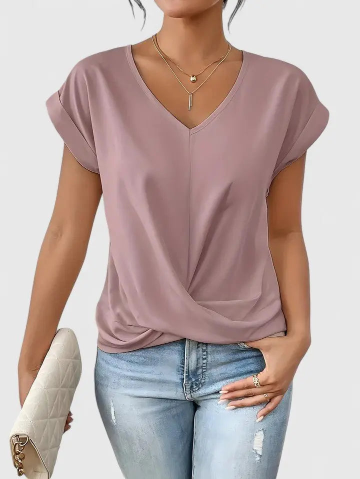 V-Neck Twist Front Top Short Sleeve Casual - Pink