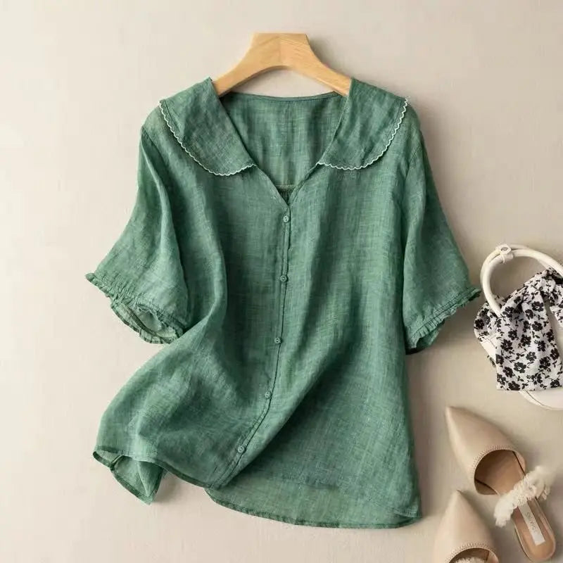 Vintage Blouse Scalloped Collar Button Front Linen - Green
