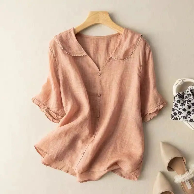 Vintage Blouse Scalloped Collar Button Front Linen - Peach
