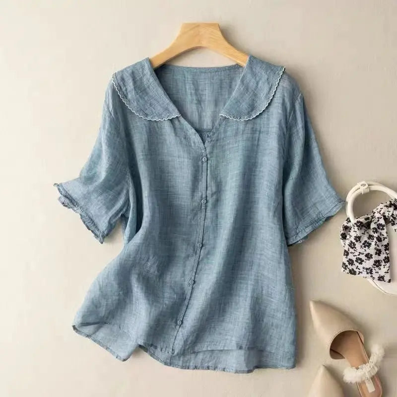 Vintage Blouse Scalloped Collar Button Front Linen - Blue