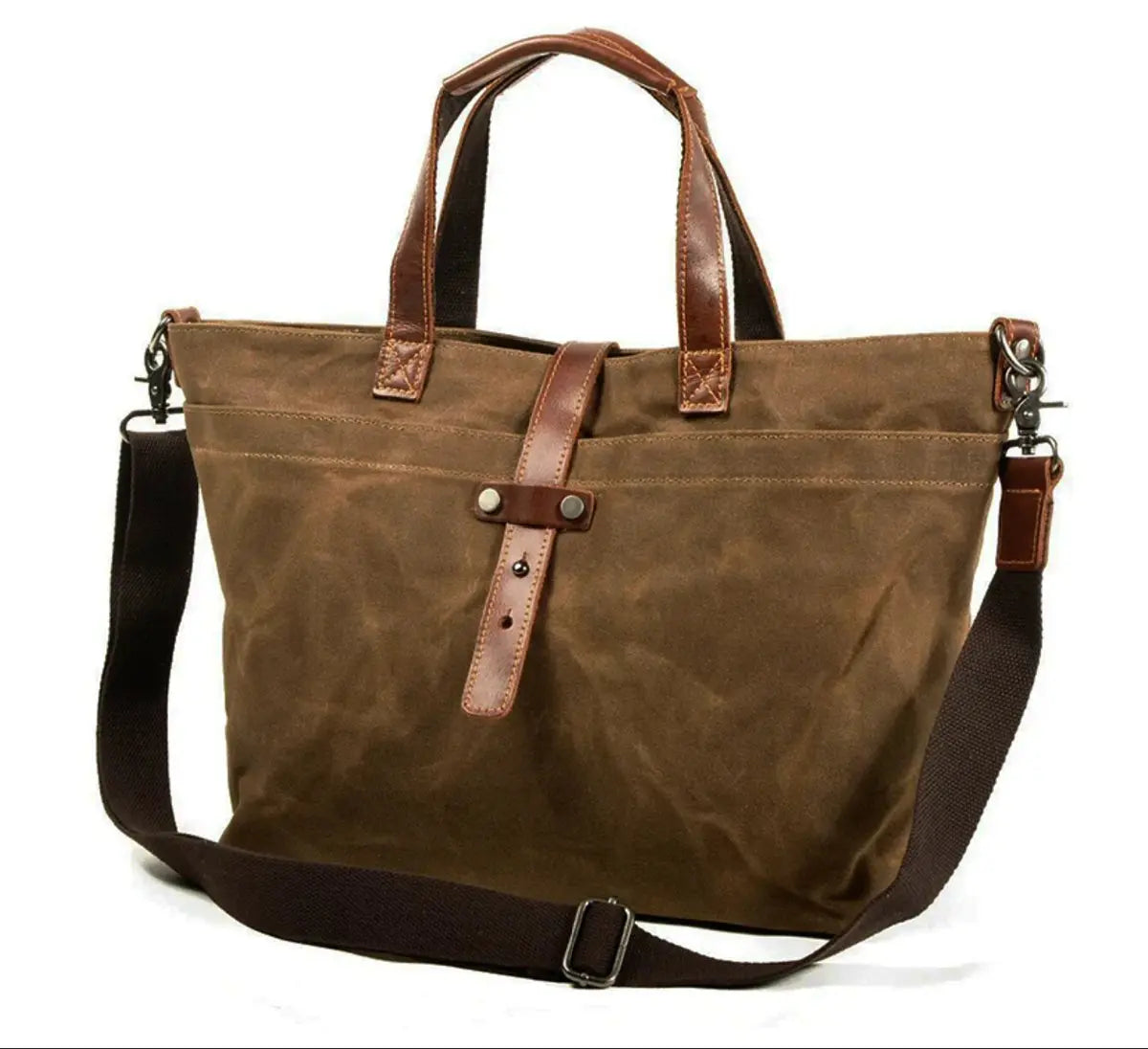 Waxed Canvas Leather Trim Tote Bag Waterproof Crossbody Shopper - Tobacco Leaf