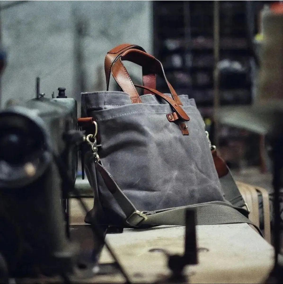 Waxed Canvas Leather Trim Tote Bag Waterproof Crossbody Shopper