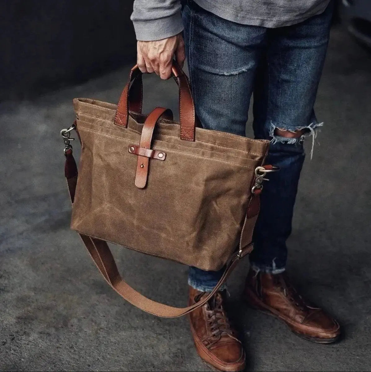 Waxed Canvas Leather Trim Tote Bag Waterproof Crossbody Shopper