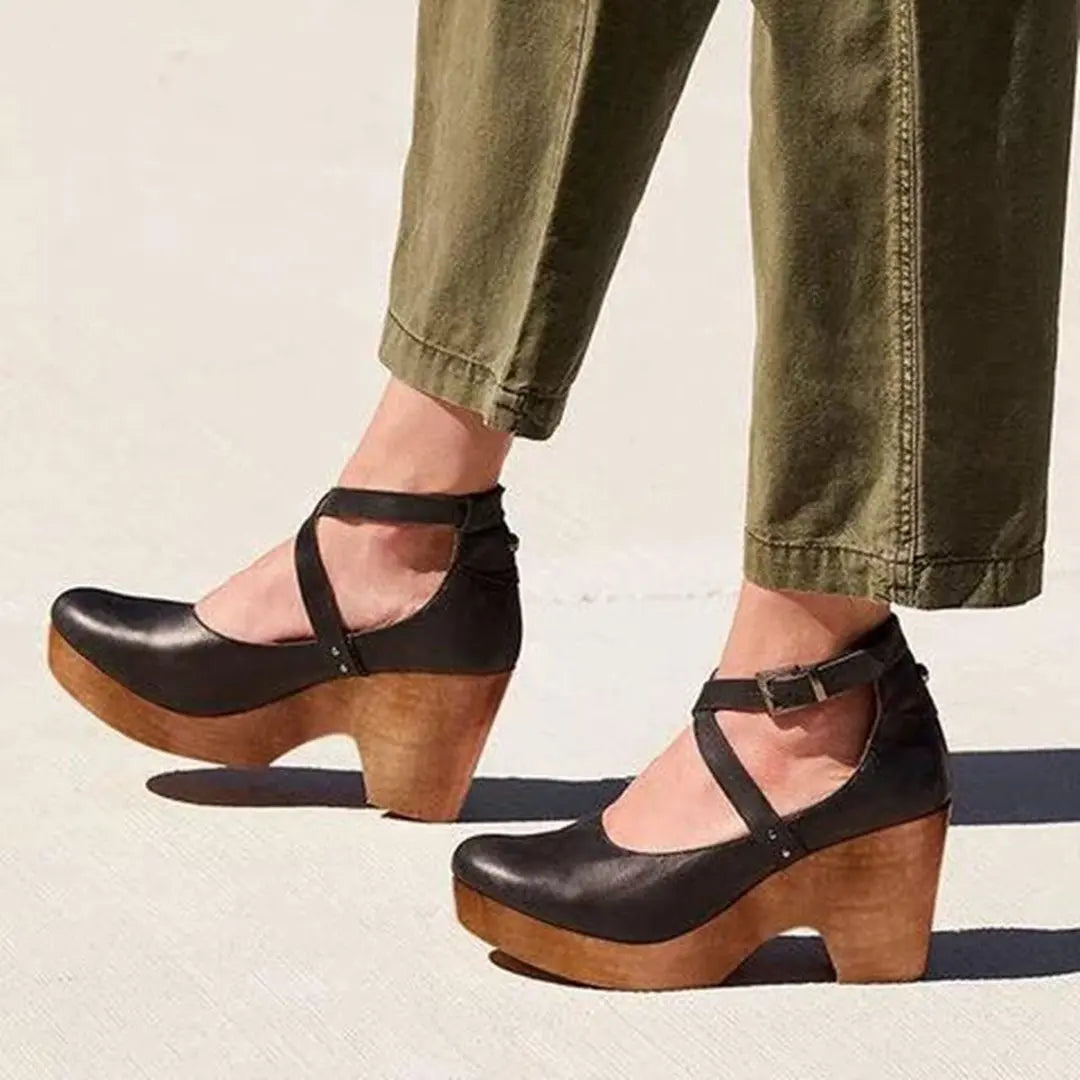Wedge Heels Closed Toe Ankle Strap Mary Jane Platform - Black