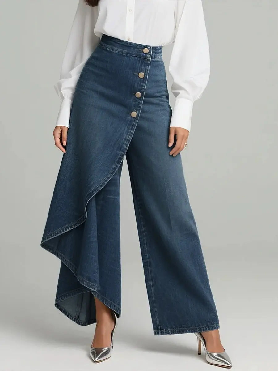 Wide Leg Denim Trousers High Waisted Button Front - Marineblau