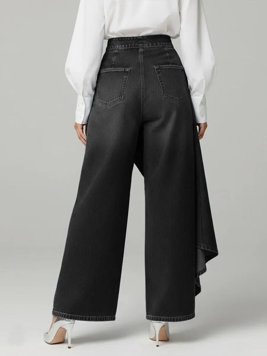 Wide Leg Denim Trousers High Waisted Button Front