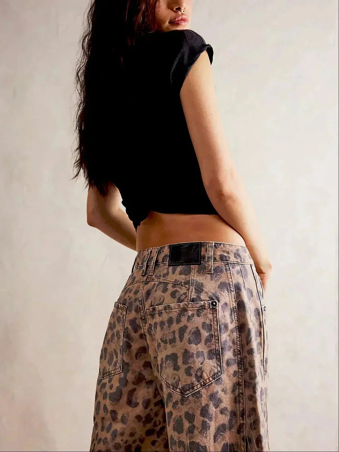 Wide Leg High Waisted Denim Jeans Animal Print Straight