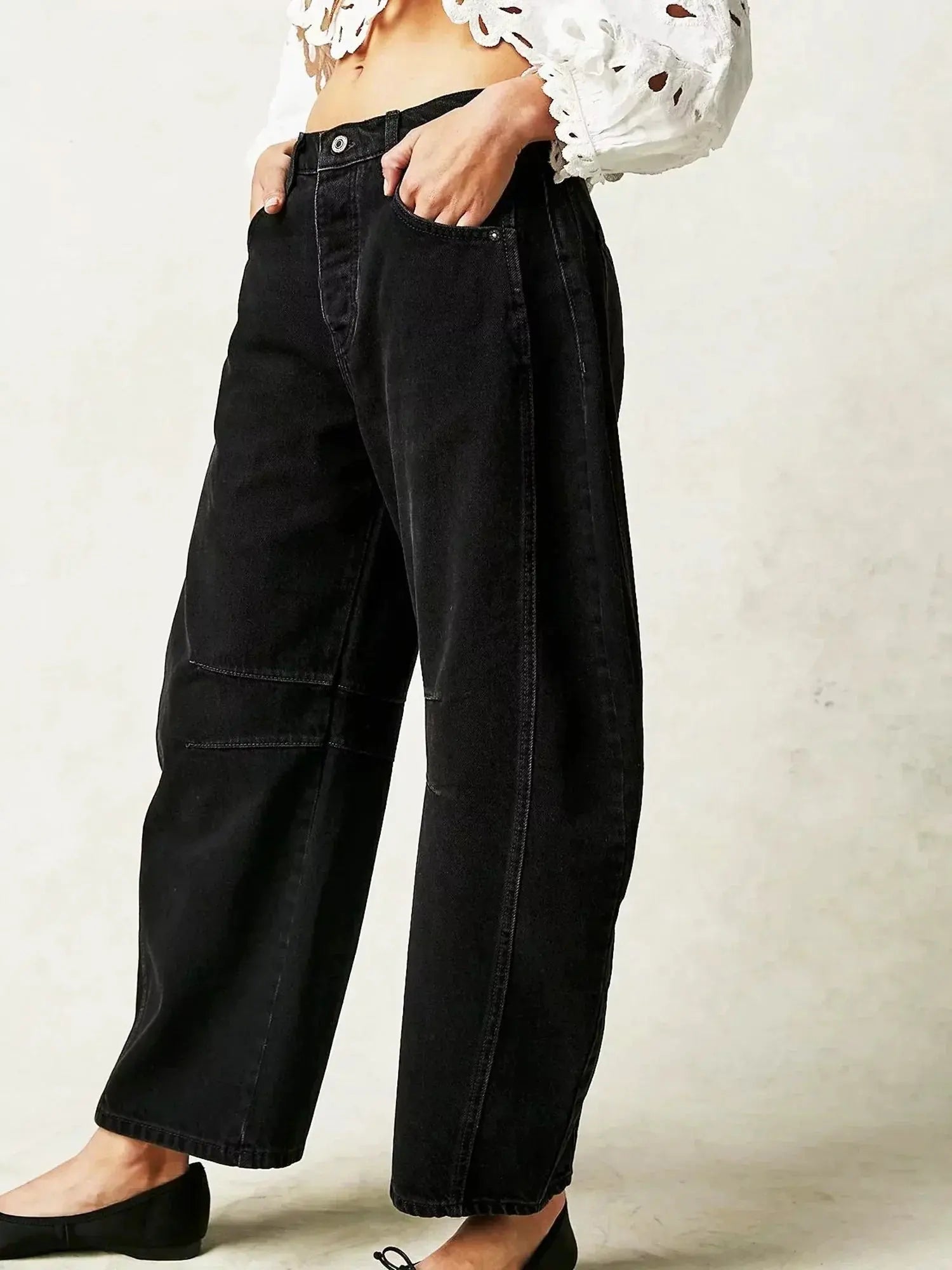 Wide Leg High Waisted Denim Jeans Animal Print Straight - Black