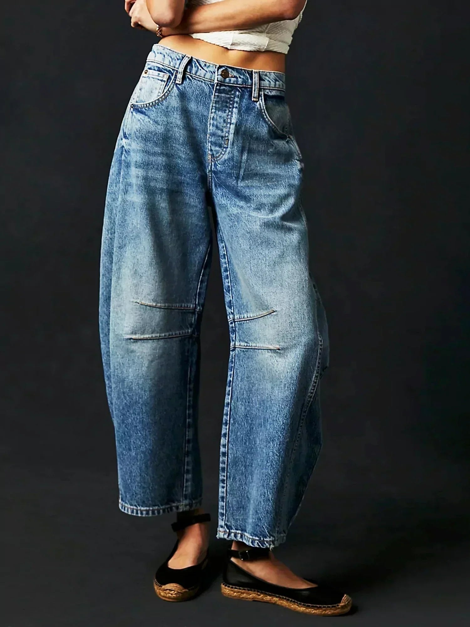 Wide Leg High Waisted Denim Jeans Animal Print Straight - Blue